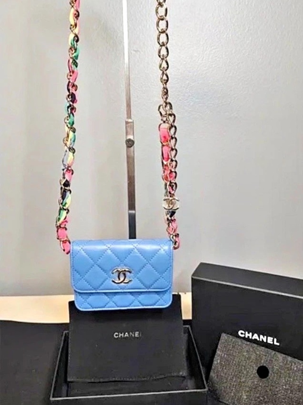 CHANEL Blue Quilted Leather Mini Belt Bag Multicolor Chain Strap
